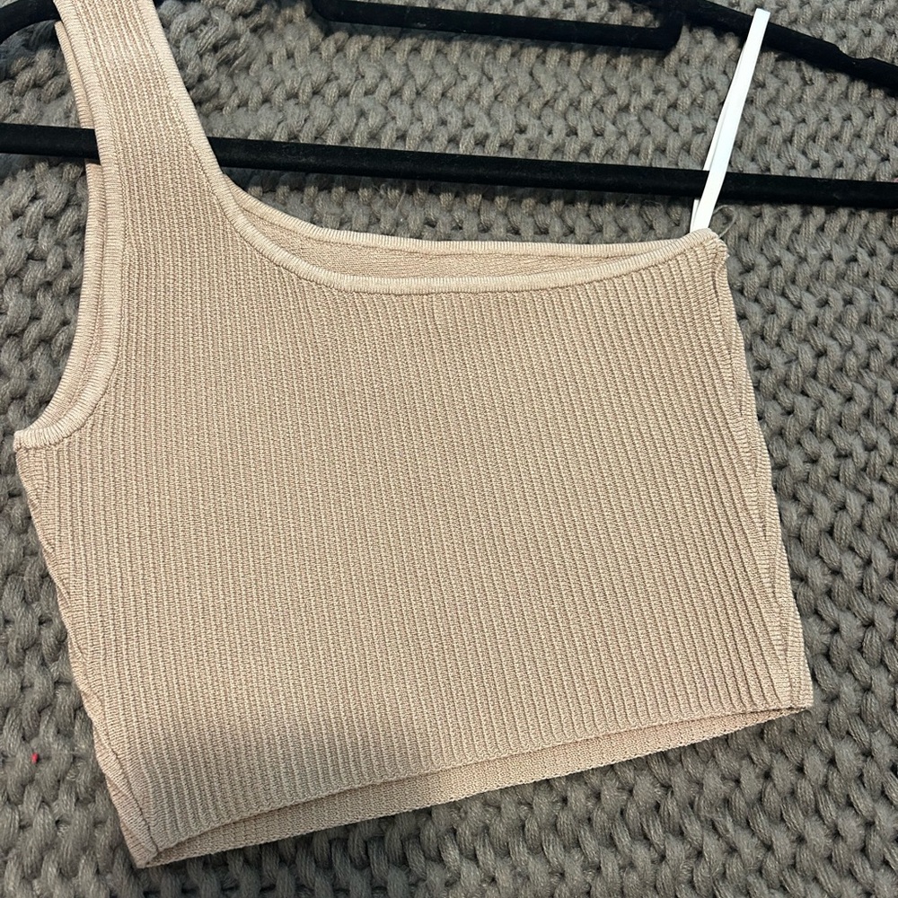 Babaton Tan Ribbed Asymmetrical Crop Tank Top